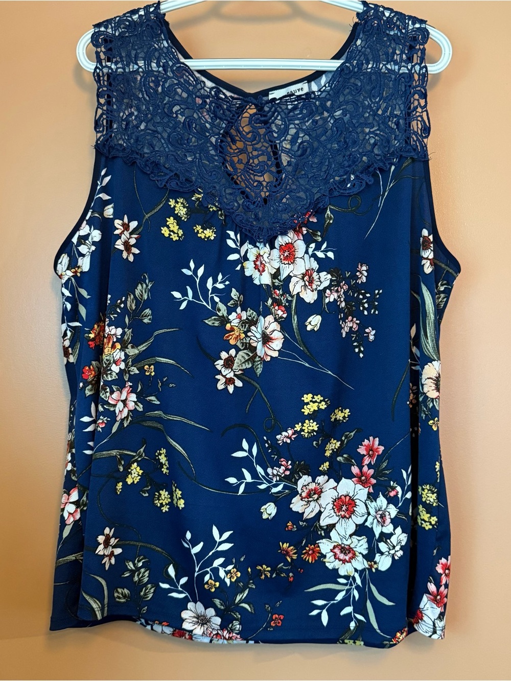 Mauve Plus Size 2X Navy Floral Lace Sleeveless Blouse Romantic Boho Top